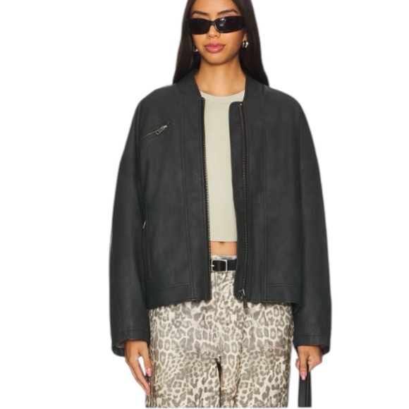 We The Free People Vinny vegan leather bomber jacket black zippers M NEW NWT - Picture 3 of 8